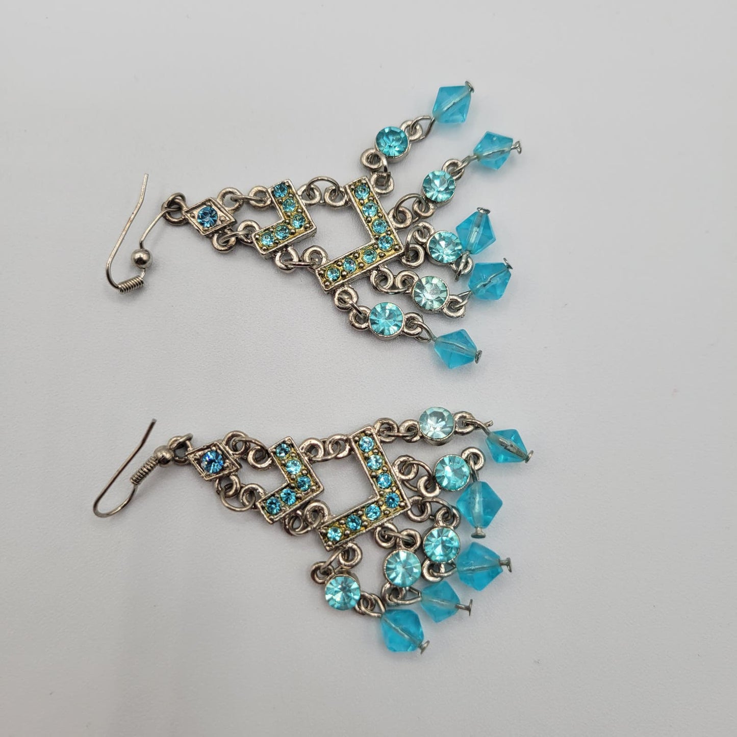 Vintage Y2K Dangle Earrings Silver Tone W/ Blue Rhinestones and Beads