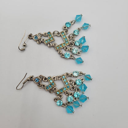 Vintage Y2K Dangle Earrings Silver Tone W/ Blue Rhinestones and Beads