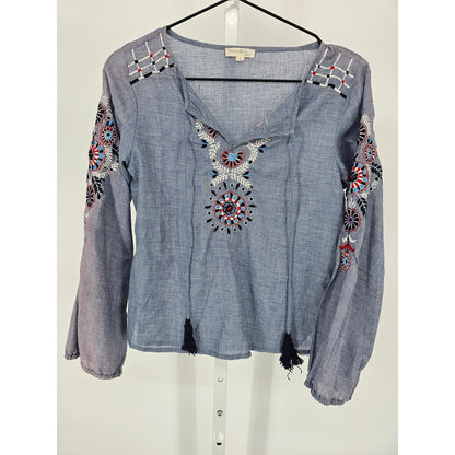 Rebellion Again Womens Sz S Long Sleeve Embroidered Chambray Blouse Colorful