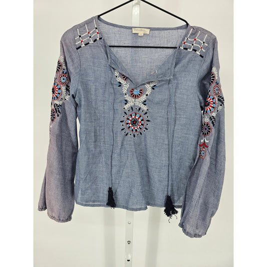 Rebellion Again Womens Sz S Long Sleeve Embroidered Chambray Blouse Colorful