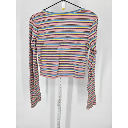 Shein Womens Sz L Long Sleeve Cropped Shirt Ribbed Rainbow Striped Y2K