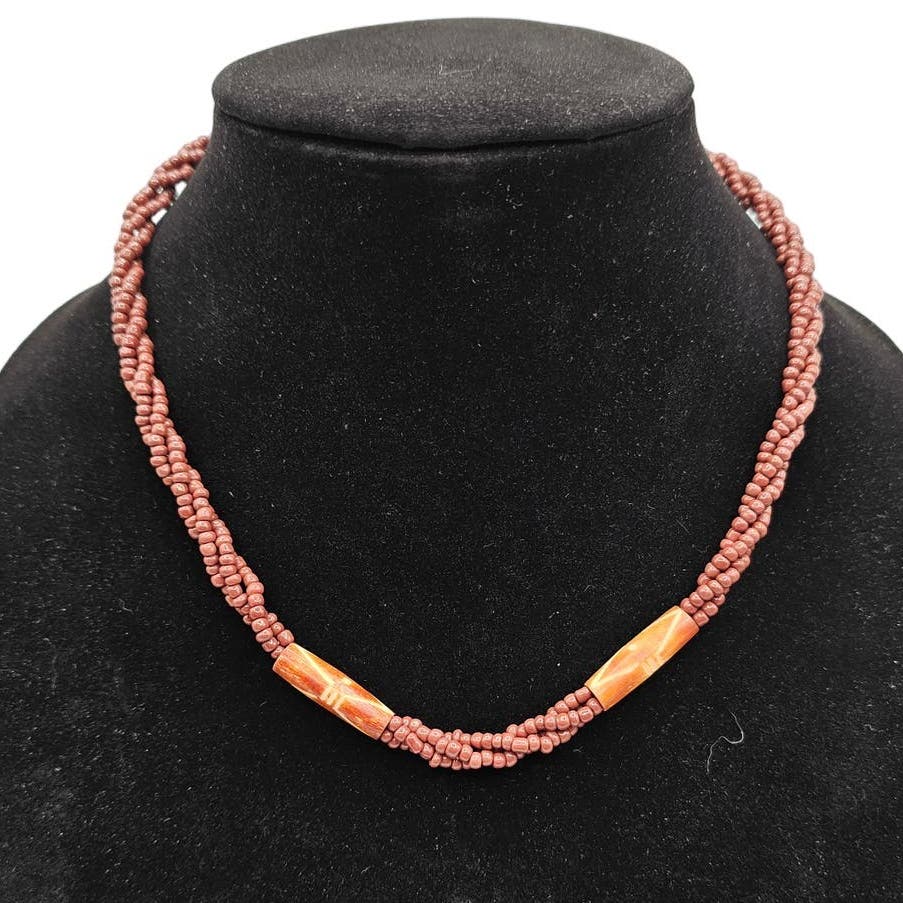 Vintage Seed Bead Braided Rope Style Necklace Brown Boho