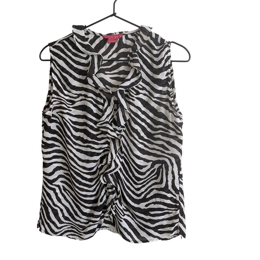 Sunny Leigh Womens Sz M Ruffled Front Sleeveless Blouse Zebra Print