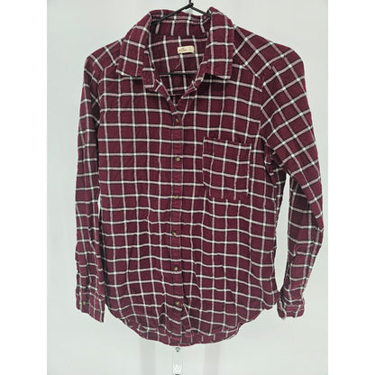 Hollister Womens Sz M Long Sleeve Button Up Plaid Shirt Burgundy Red