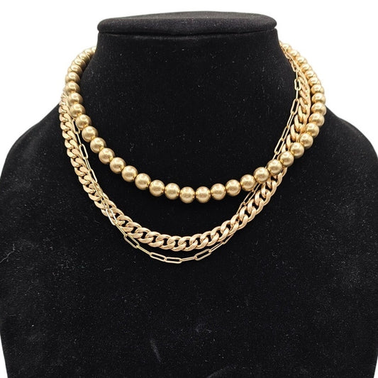 Vintage 1990s Brushed Gold Tone Multi Strand Chain Necklace Beaded