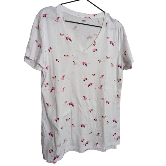 ANA A New Approach Womens Sz LL Short Sleeve T Shirt Pink White Bird Print