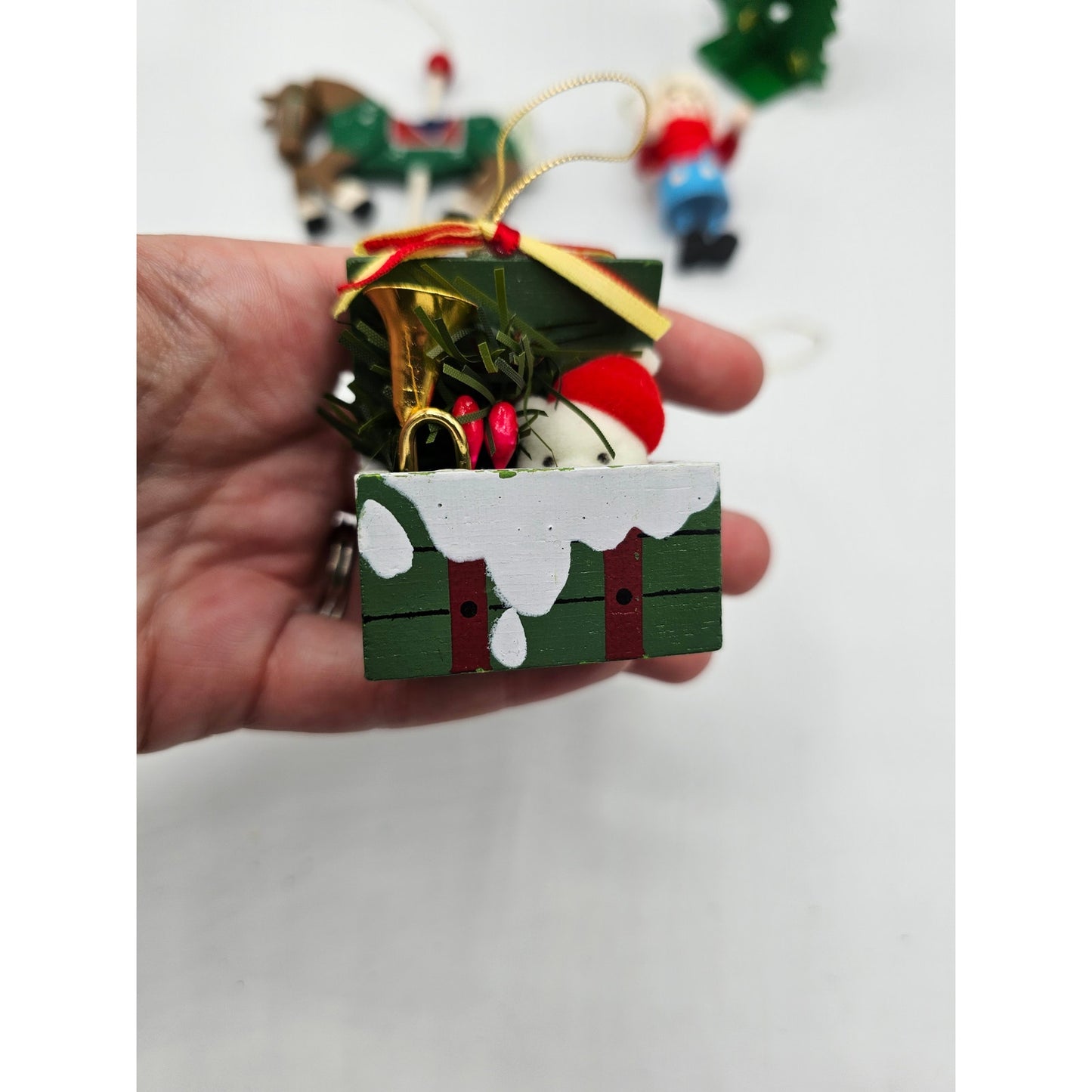 Lot of 5 Vintage Hand Painted Wooden Christas Ornaments Tree Carousel Present