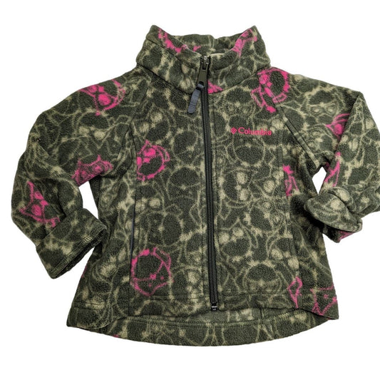 Columbia Girls Sz 24M Full Zip Up Fleece Jacket Owl Print Green Pink