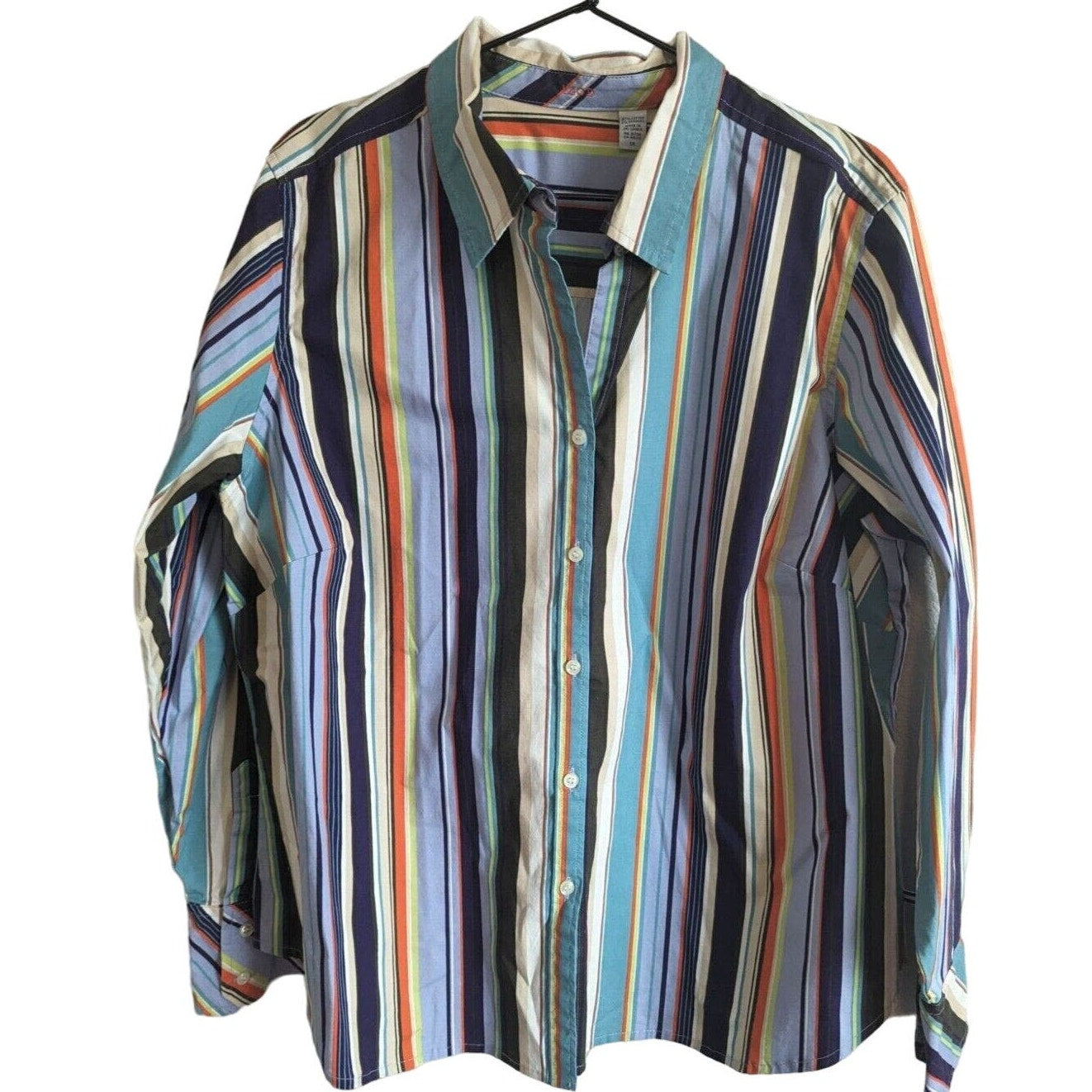 Izod Womens Sz 1X Rainbow Striped Button Down Long Sleeve Shirt