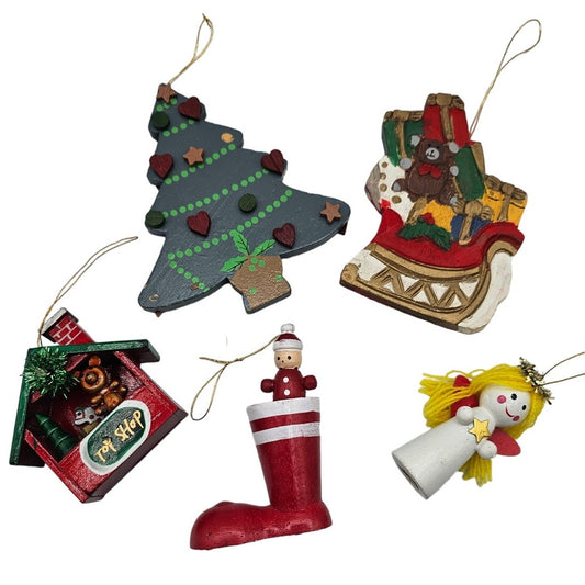 Lot of 5 Vintage Hand Painted Wooden Christas Ornaments Tree Toy Shop Angel