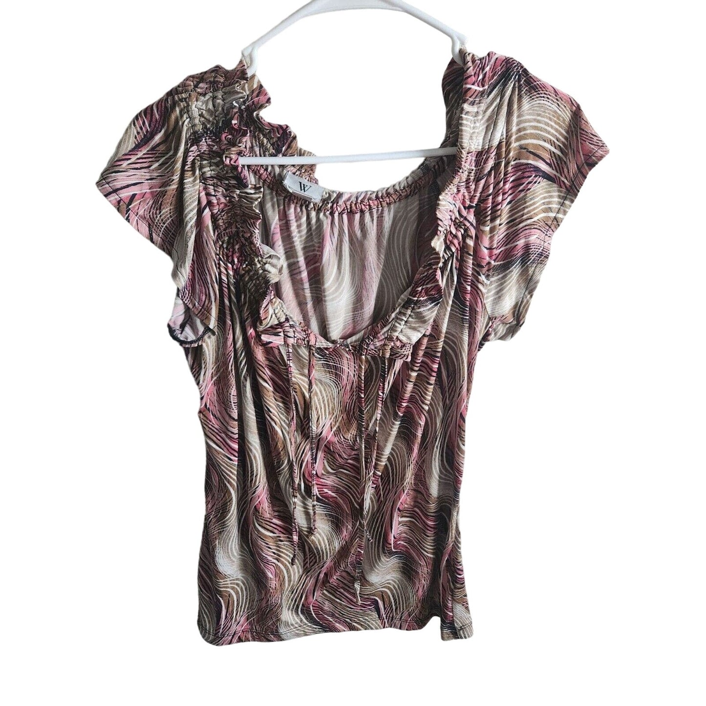 Worthington Womens Sz M Short Sleeve Blouse Pink Tan Abstract Print