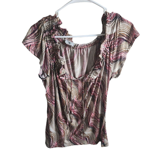 Worthington Womens Sz M Short Sleeve Blouse Pink Tan Abstract Print