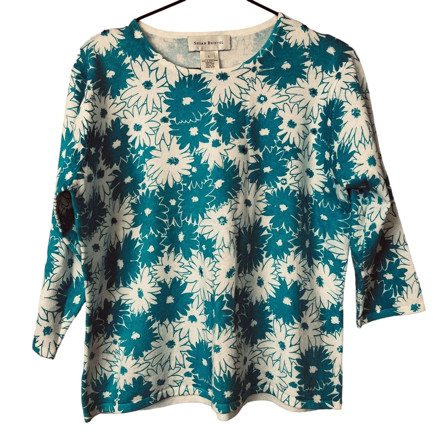 Susan Bristol Womens Sz L 3/4 Sleeve T Shirt Blouse Daisy Print Blue