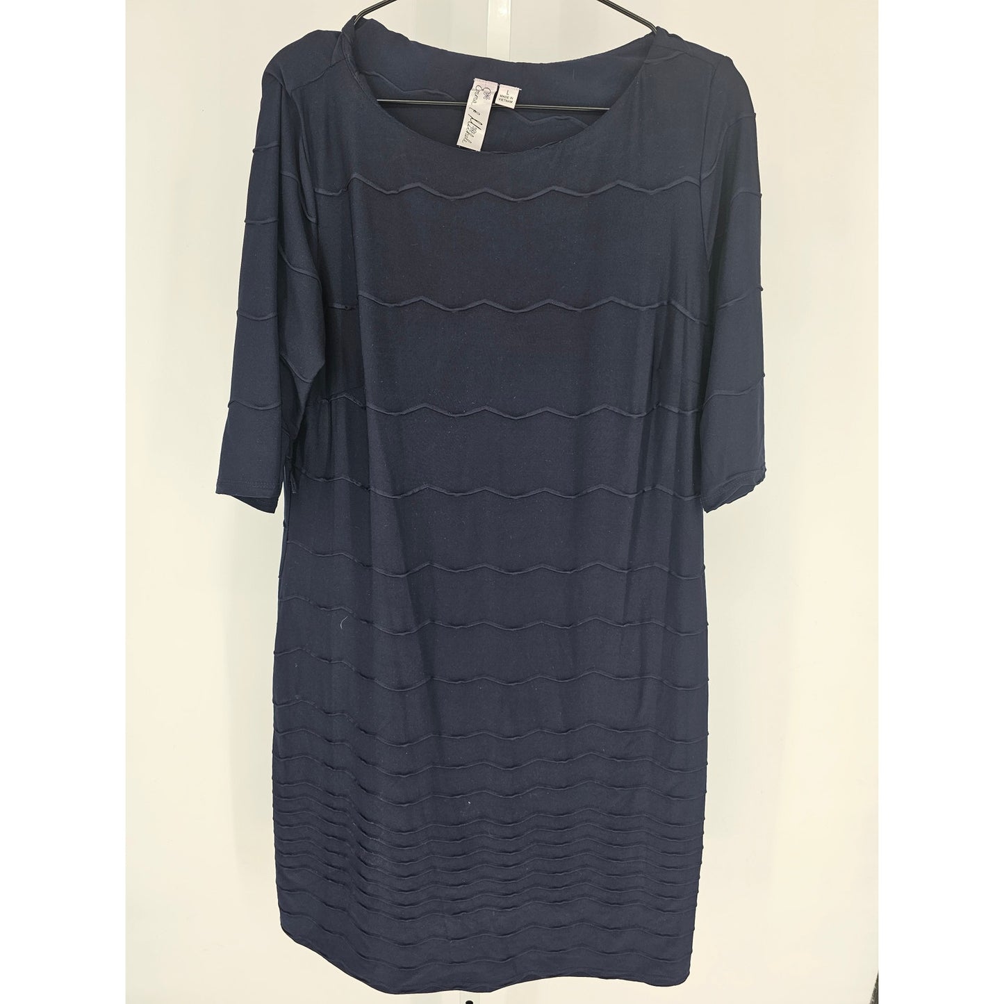 Emma & Michele Womens Sz L 3/4 Sleeve Kne Length Dress Navy Blue Textured