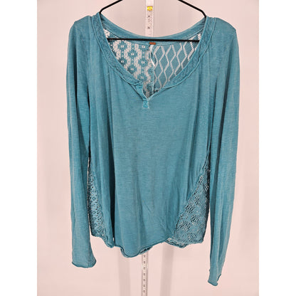 Free People Womens Sz L Long Sleeve Eyelet Stars Align Bright Blue Long Sleeve