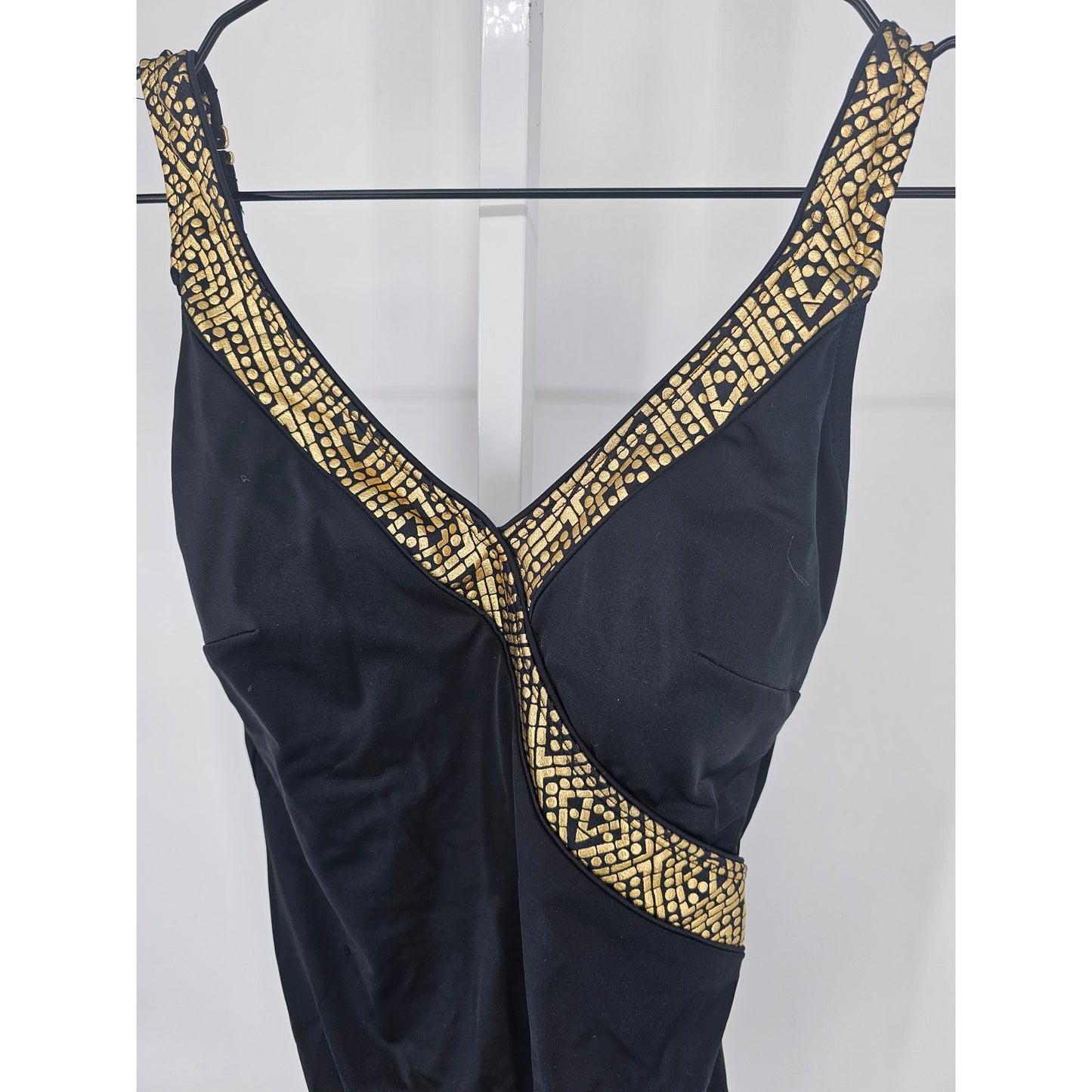 Roxanne Womens Sz 10 34C One Piece Swimsuit Black w/ Gold Trim Slimming