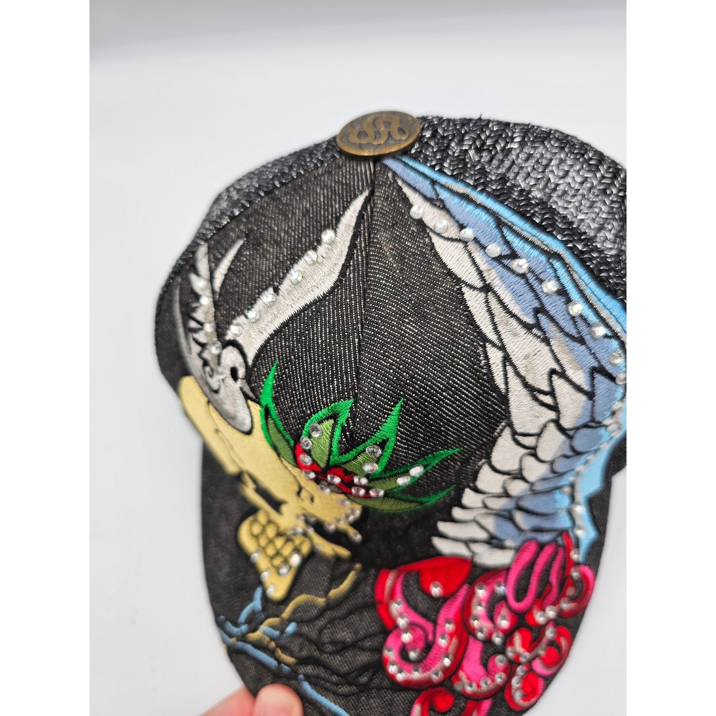 Stephanie HeadWear Embellished Rhinestones Skull Love Roses Cap Hat