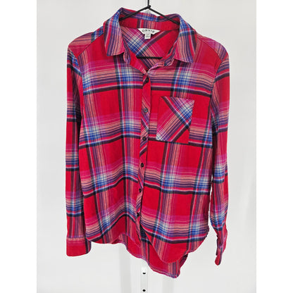 Orvis Womens Sz M Classic Fit Long Sleeve Button Up Plaid Shirt Red Blue