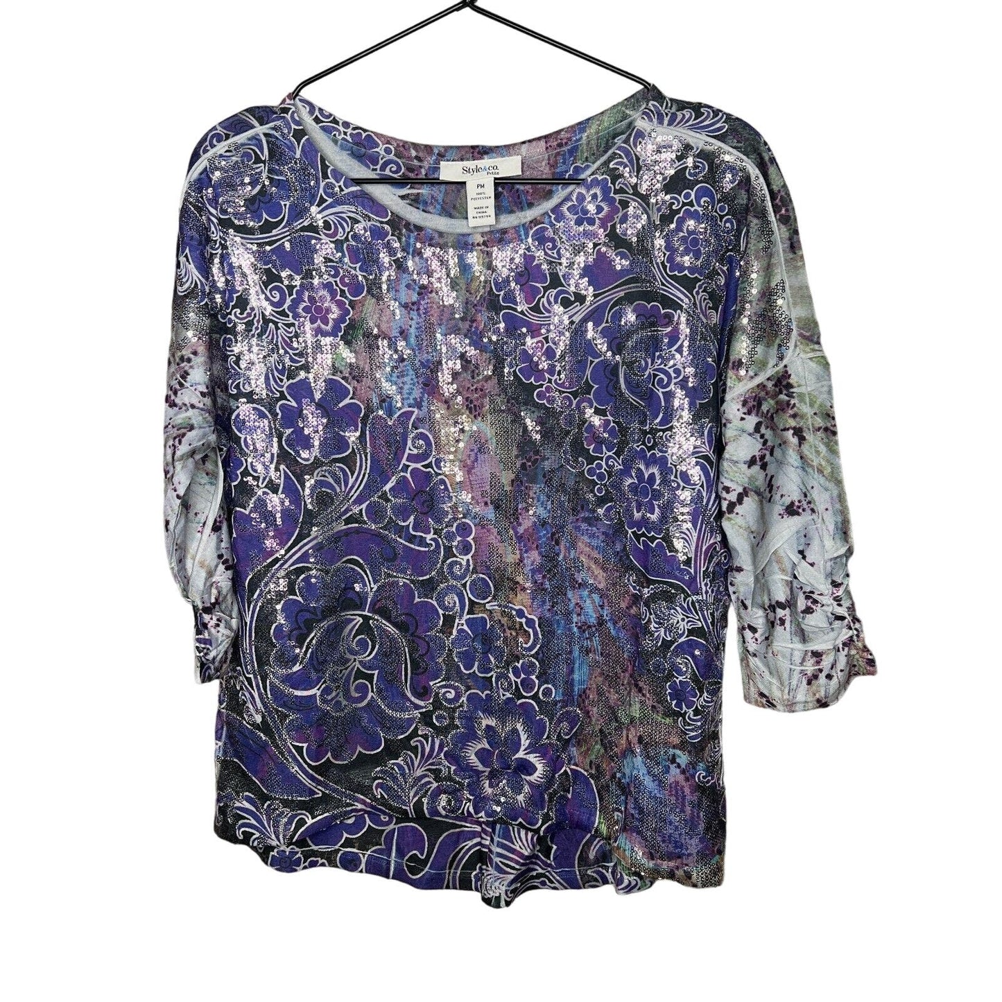 Style & Co Petite Womens PM 3/4 Sleeve Purple Floral Sequin Blouse Career Wear