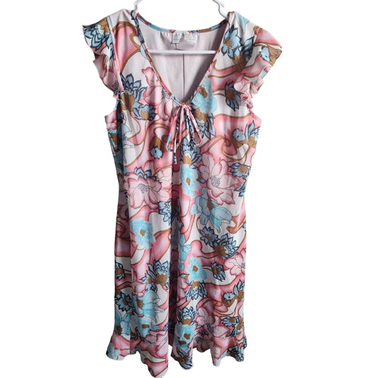 Studio C Womens Sz 8 Knee Length Pastel Floral Dress Pink Blue V Neck