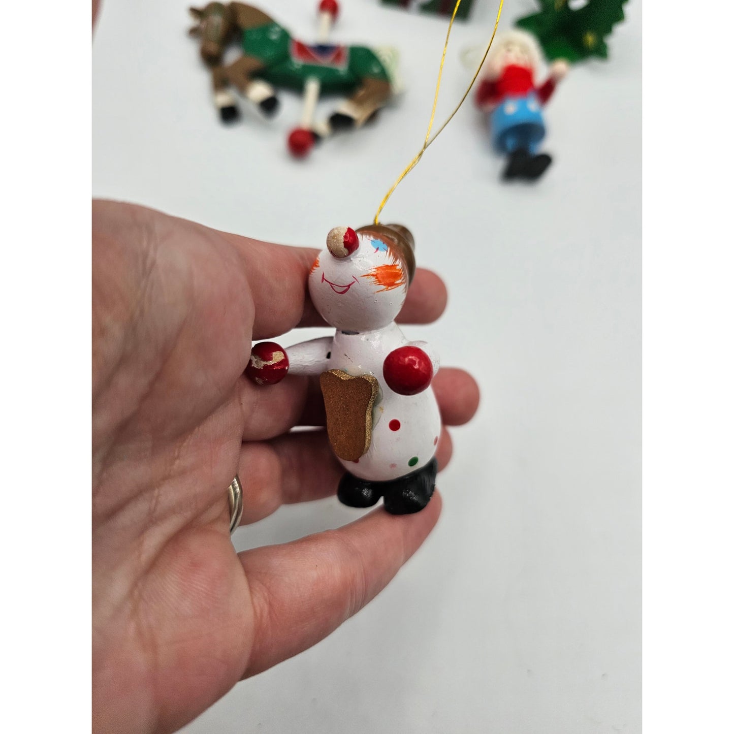 Lot of 5 Vintage Hand Painted Wooden Christas Ornaments Tree Carousel Present