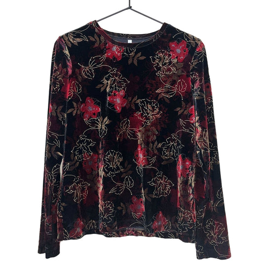 VTG White Stag Womens Sz M Long Sleeve Velvet Blouse Black Red Floral