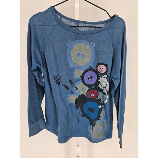 Existential Womens Sz S Long Sleeve T Shirt Blue Record Player Microphone Print