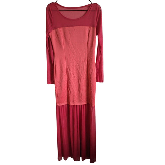 Vintage Y2K New Bell Womens Sz L Maxi Dress Long Sleeve Mesh Coral Pink