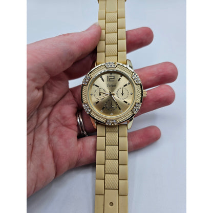 Vintage Y2K Vivani Womens Gold Tone Watch Wristwatch Rubber Band Rhinestone