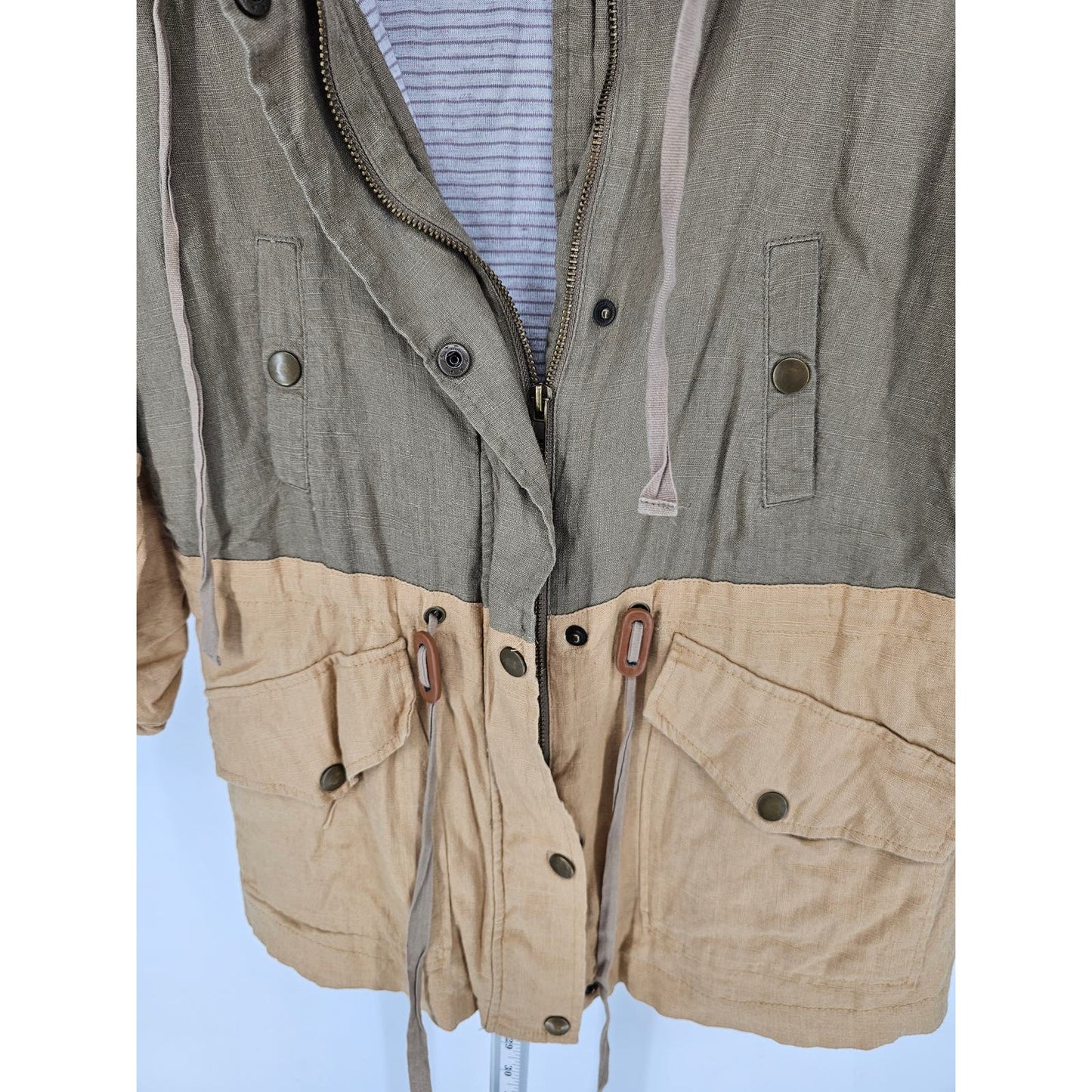 Blu Pepper Womens Sz L Linen Blend Zip Up Safari Style Jacket Beige Olive