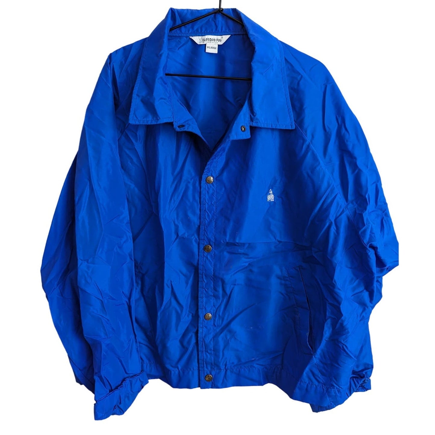 Vintage London Fog Mens Sz XL Snap Front Windbreaker Jacket Blue Nylon