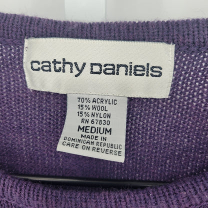 Cathy Daniels Womens Sz M Dark Purple Sweater Argyle Diamonds Pearl Accent