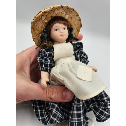 Vintage 1990s Small Porcelain Doll Brown Fair Skin Peasant Style Dress