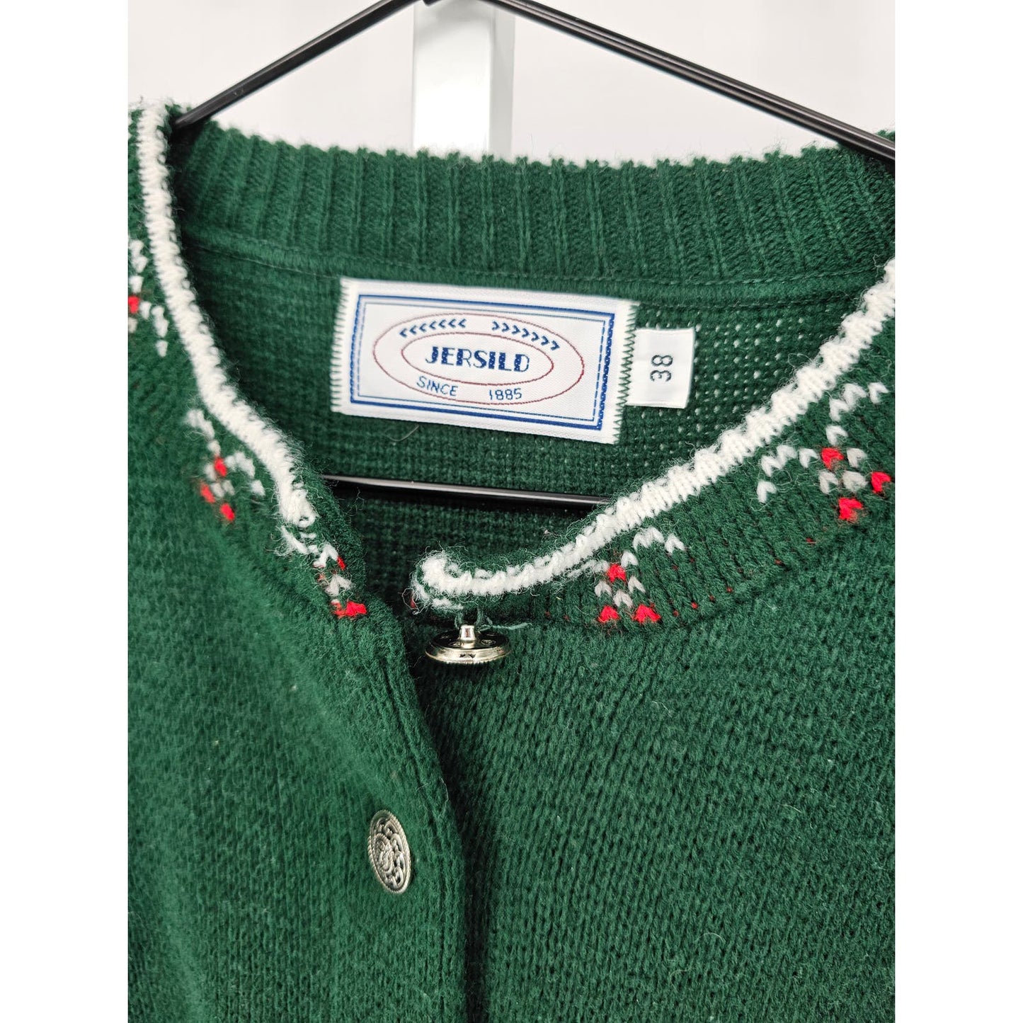 Jersild Vintage Womens Cardigan Sweater Size M 100% Virgin Wool White Green 38