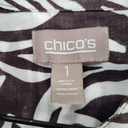 Chicos Womens Sz 1 (M) 100% Linen Animal Print Button Front Jacket Brown Zebra