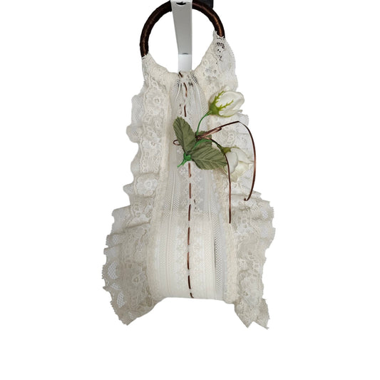 Vintage 1970s Hanging Toilet Paper Roll Holder White Frilly Lace