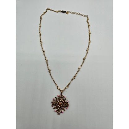Vintage Y2K Pendant Necklace Gold Tone Pink Rhinestone Enamel Pendant