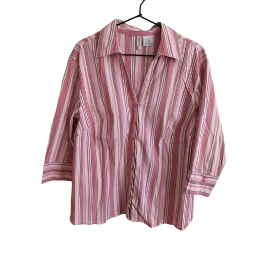 St Johns Bay Womens Sz 1X Long Sleeve Button Down Blouse Pink Striped