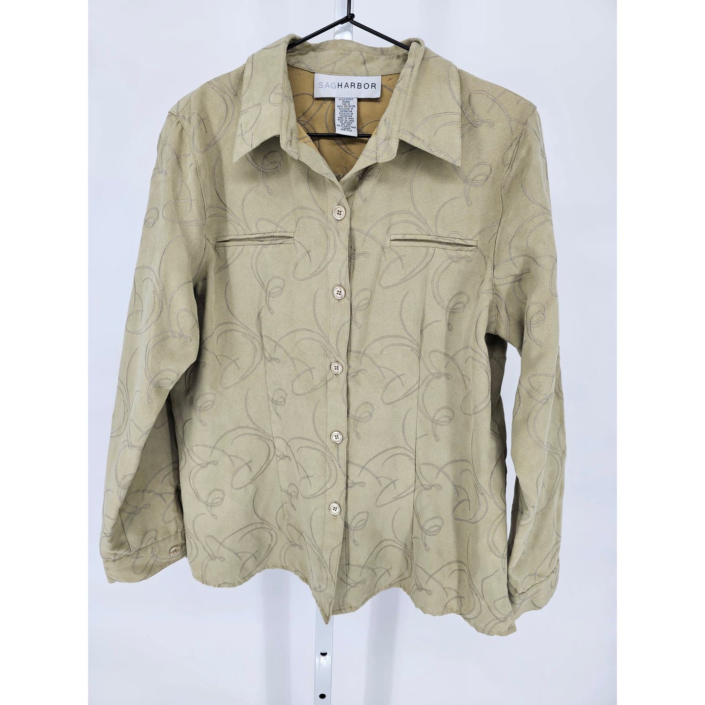 Sag Harbor Womens Sz 12 Long Sleeve Button Up Dress Shirt Sage Green Embroidered