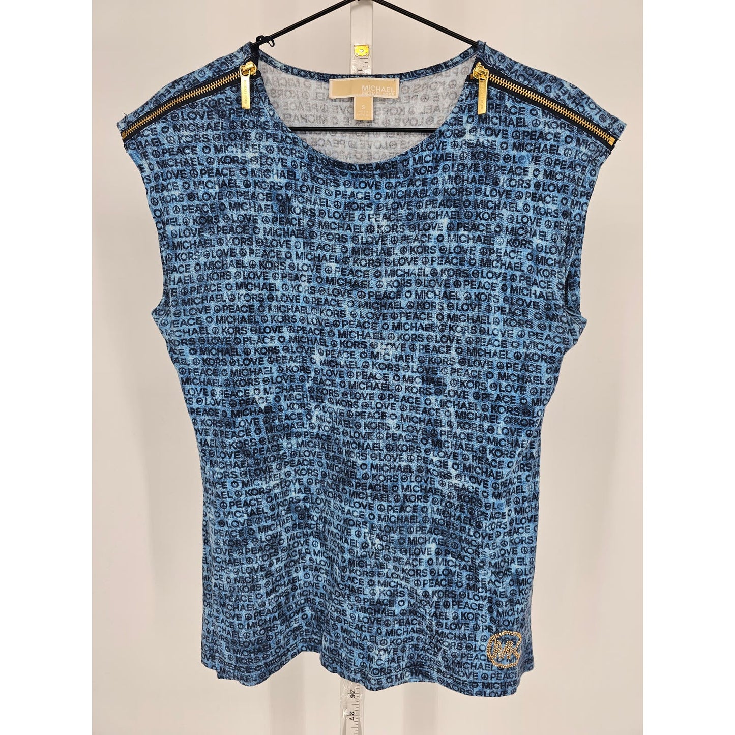 Michael Kors Womens Sz S Short Sleeve T Shirt Blue Gold Peace Love