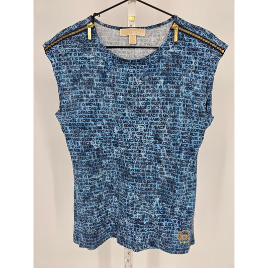 Michael Kors Womens Sz S Short Sleeve T Shirt Blue Gold Peace Love