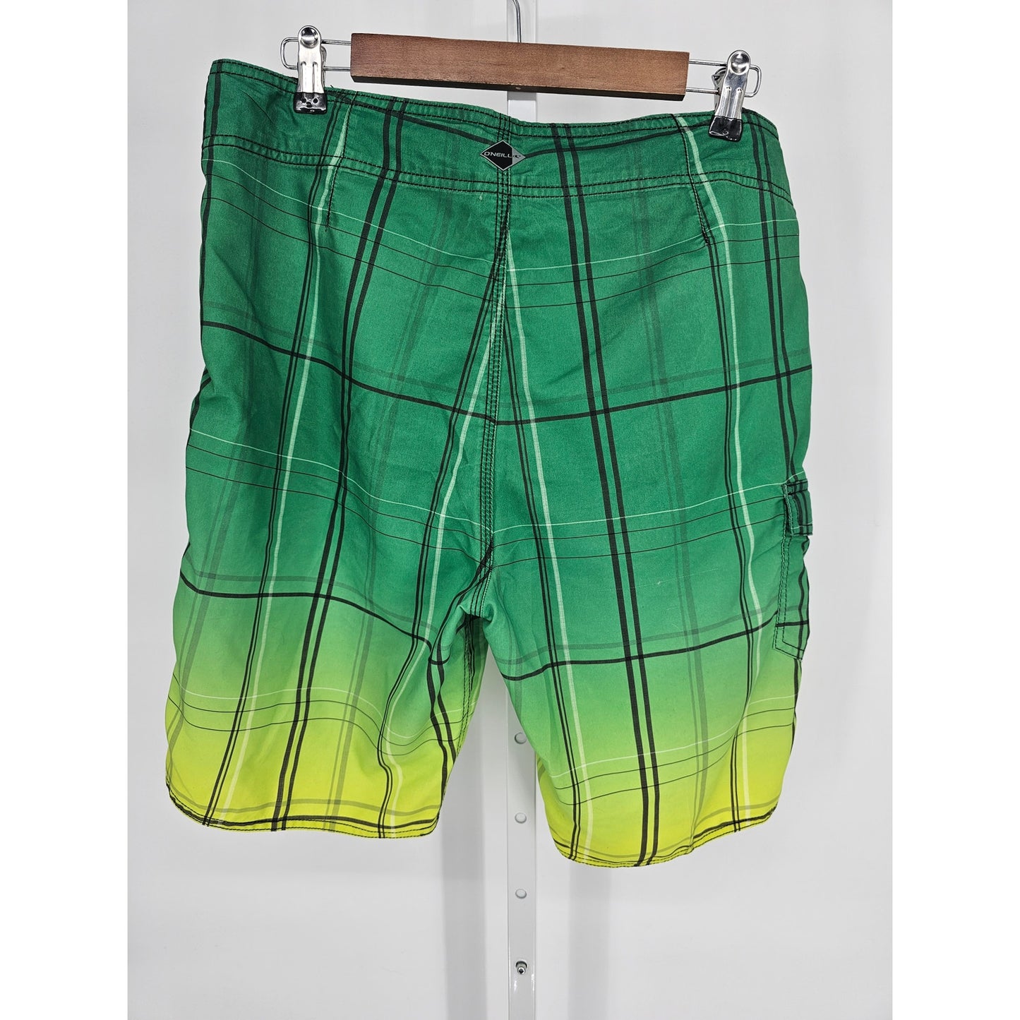O'Neill Mens Sz 34 Board Shorts Swimsuit Trunks Green Yellow Plaid