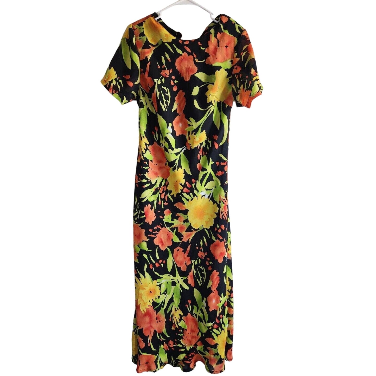 Vintage 1990s Gabrielle Womens Sz M Maxi Dress Bright Floral Yellow Orange