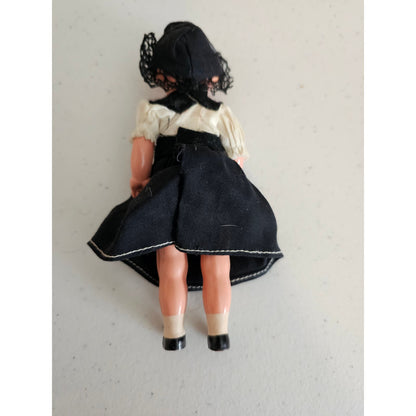 Vintage 5" Celluloid Plastic German Souvenir Doll Black Gold Dress 1960s