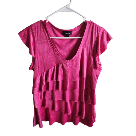 Vintage Y2K IZ Byer Womens Sz L Short Sleeve Ruffled Blouse Bright Pink