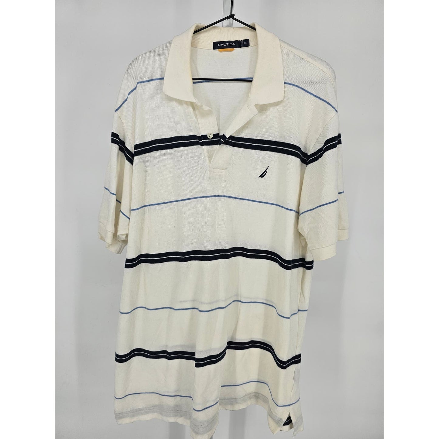 Y2K Nautica Mens Sz XL Short Sleeve Polo Shirt Blue White Striped