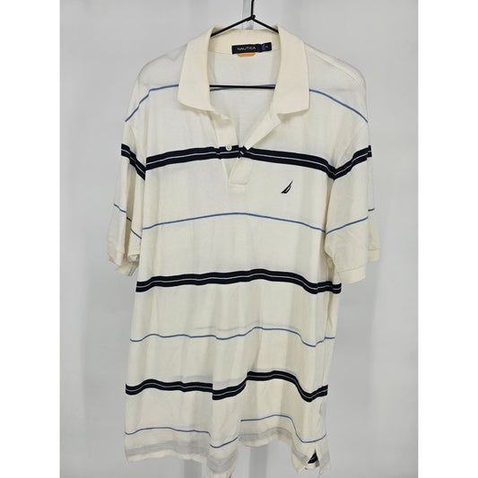 Y2K Nautica Mens Sz XL Short Sleeve Polo Shirt Blue White Striped