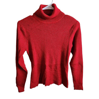 Vintage Worthington Womens Sz M Red Turtleneck Sweater Metallic Weave Ribbed