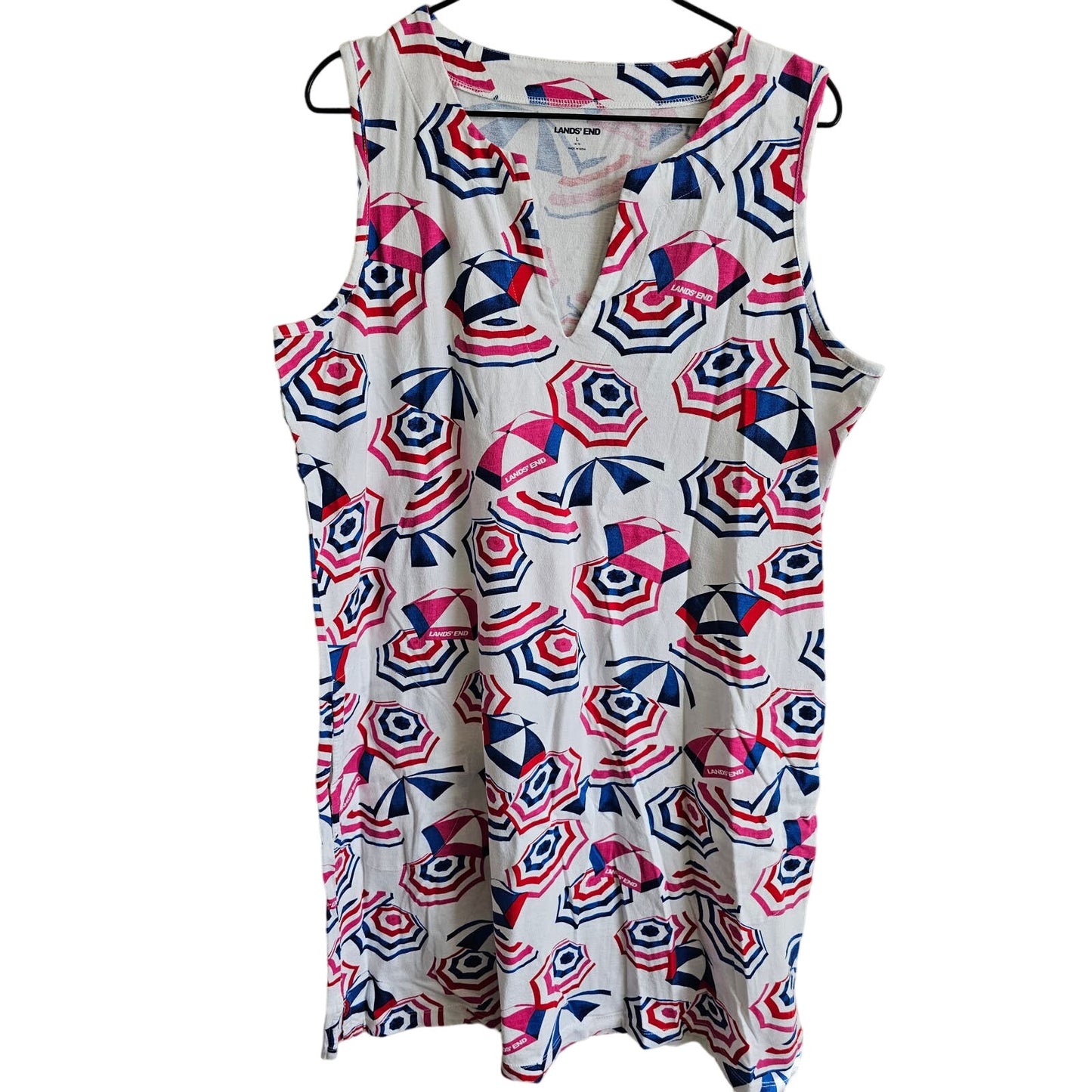 Lands End Womens Sz L Knee Length Sleeveless Shirt Dress Umbrella Print Cotton
