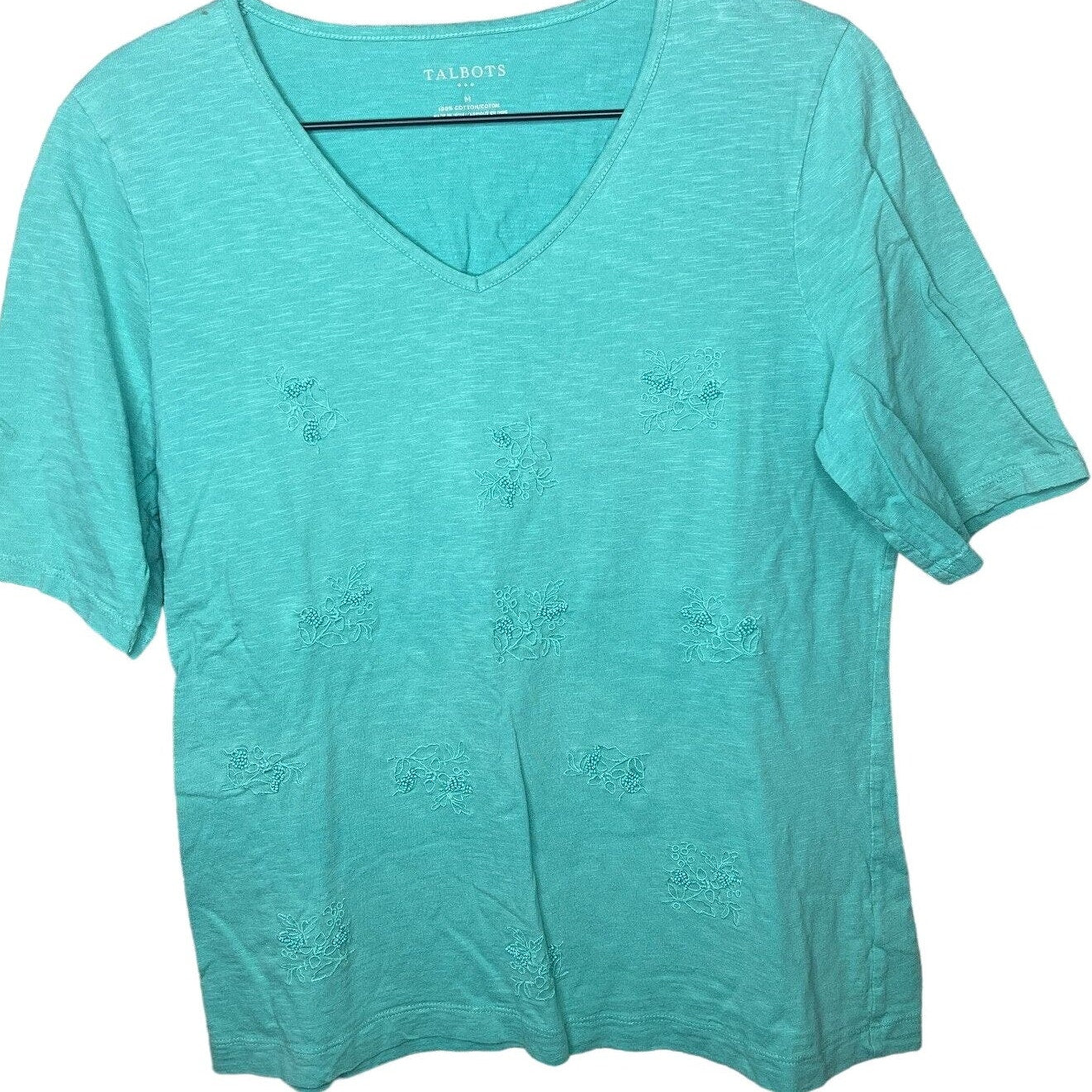 Talbots Womens Sz M 100% Cotton V Neck Short Sleeve T Shirt Blue Teal Beaded